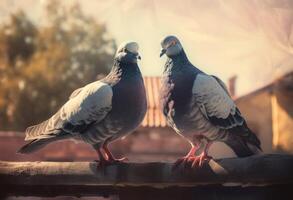 ai généré paire de pigeons se tenait rustique scène. produire ai photo