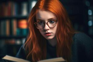 ai généré rouge aux cheveux femelle avec des lunettes dans bibliothèque. produire ai photo