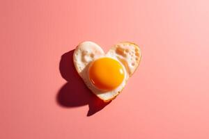 ai généré cœur en forme de frit Oeuf Haut vue sur rose toile de fond. produire ai photo