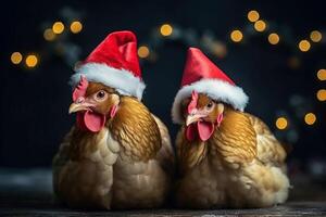 ai généré poulet avec Noël Chapeaux sur de fête lumières Contexte. produire ai photo