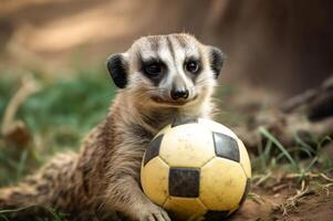 ai généré suricate en portant en jouant balle. produire ai photo