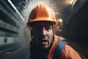 ai généré métro tunnel train l'eau inondé. produire ai photo