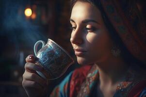 ai généré turc femme en buvant thé. produire ai photo