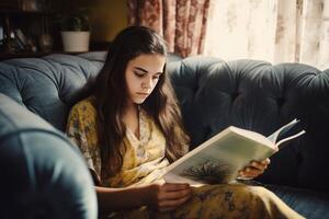 ai généré magnifique Jeune fille en train de lire une livre sur canapé. produire ai photo