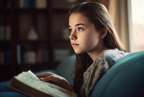 ai généré magnifique adolescent fille en train de lire sur canapé. produire ai photo