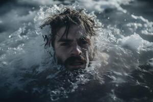 ai généré glacial homme immergé dans glacé l'eau sur hiver journée. produire ai photo