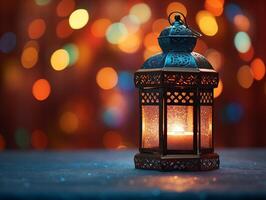 ai généré lanterne avec nuit ciel et ville bokeh lumière Contexte pour le musulman le banquet de le saint mois de Ramadan Karim. photo