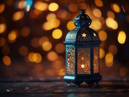 ai généré lanterne avec nuit ciel et ville bokeh lumière Contexte pour le musulman le banquet de le saint mois de Ramadan Karim. photo