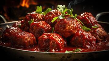 ai généré Boulettes de viande avec fondu tomate sauce sur une bol avec une noir Contexte et se brouiller, ai genres photo