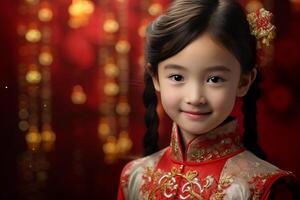 ai généré une Jeune chinois fille portant rouge chinois traditionnel robe bokeh style Contexte avec génératif ai photo