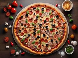 ai généré savoureux Haut vue tranché Pizza italien traditionnel rond Pizza photo