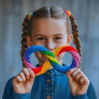 ai généré mignonne fille est en portant arc en ciel infini symbole. neurodiversité conscience concept. photo