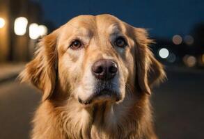 ai généré une d'or retriever permanent sur une rue à nuit photo