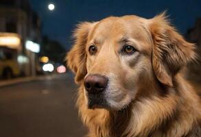 ai généré une d'or retriever permanent sur une rue à nuit photo