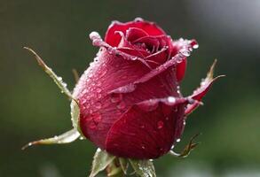 ai généré une magnifique rouge Rose avec rosée gouttes sur ses pétales photo