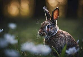 ai généré une fermer de une lapin dans une champ avec une fleurs. photo