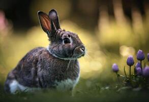 ai généré une fermer de une lapin dans une champ avec une fleurs. photo