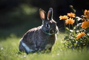 ai généré une fermer de une lapin dans une champ avec une fleurs. photo