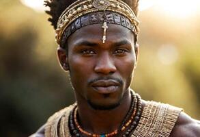 ai généré une Jeune maasaï homme avec complexe perlage et tresses, portant traditionnel maasaï Vêtements et bijoux. photo