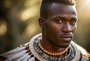 ai généré une Jeune maasaï homme avec complexe perlage et tresses, portant traditionnel maasaï Vêtements et bijoux. photo