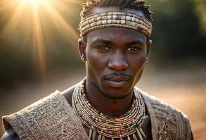 ai généré une Jeune maasaï homme avec complexe perlage et tresses, portant traditionnel maasaï Vêtements et bijoux. photo