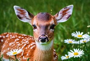 ai généré fermer portrait de une cerf dans la nature avec floraison les plantes photo