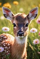 ai généré fermer portrait de une cerf dans la nature avec floraison les plantes photo