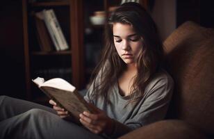 ai généré attrayant adolescent fille en train de lire sur confortable canapé. produire ai photo