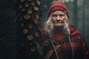 ai généré discipliné bûcheron vieux femme forêt. produire ai photo