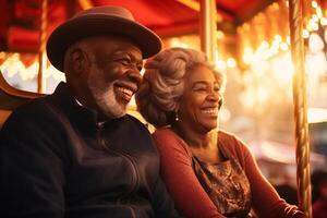 ai généré content personnes âgées noir couple asseoir dans une carrousel sourire à chaque autre dans amusement parc avec d'or heure éclairage photo