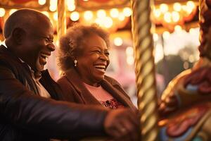 ai généré content personnes âgées noir couple asseoir dans une carrousel sourire à chaque autre dans amusement parc avec d'or heure éclairage photo