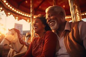 ai généré content personnes âgées noir couple asseoir dans une carrousel sourire à chaque autre dans amusement parc avec d'or heure éclairage photo