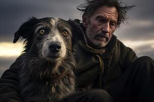 ai généré élégant homme avec des lunettes posant avec le sien chien. produire ai photo