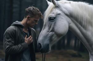 ai généré paternel homme émouvant cheval. produire ai photo