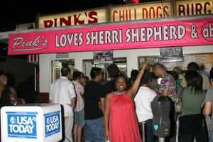 exclusif sherri berger s'arrête par le rose chaud chien supporter lequel honoré sa avec une accueillant signe dans Hollywood, Californie juin 19, 2008 exclusif photo
