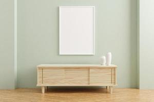 maquette de cadre d'affiche verticale blanche sur une table en bois à l'intérieur du salon sur fond de mur de couleur pastel vide. rendu 3D. photo
