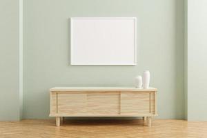 maquette de cadre d'affiche horizontale blanche sur une table en bois à l'intérieur du salon sur fond de mur de couleur pastel vide. rendu 3D. photo