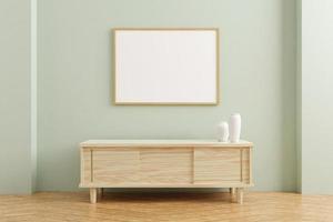 maquette de cadre d'affiche en bois horizontal sur une table en bois à l'intérieur du salon sur fond de mur de couleur pastel vide. rendu 3D. photo