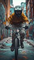 ai généré grand angle coup de une Jeune cycliste, habillé dans élégant graffiti motifs, équitation le long de une coloré rue. capturer le esprit de aventure et Urbain des sports culture au milieu de vibrant paysage urbain. photo