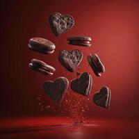 ai généré Chocolat biscuits dans le forme de cœurs en volant contre une rouge Contexte photo