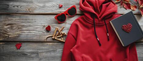 ai généré Haut vue rouge chandail et livre, des lunettes de soleil pour la Saint-Valentin journée. photo