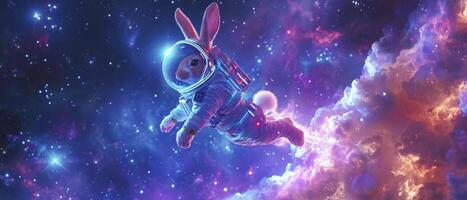 ai généré lapin portant espace costume en volant dans extérieur espace magique. photo