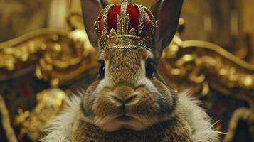 ai généré proche en haut graisse gingembre lapin avec une d'or couronne. content ester journée photo