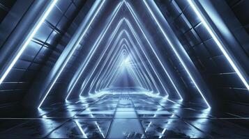 ai généré abstrait Triangle vaisseau spatial couloir. futuriste tunnel avec lumière. futur intérieur arrière-plan, entreprise, science-fiction science concept. photo