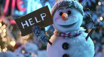 ai généré une bonhomme de neige en portant une signe cette dit Aidez-moi photo