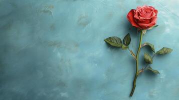 ai généré Rose sur une pastel bleu arrière-plan, Haut voir. photo