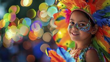 ai généré brésilien carnaval costume portant fille. photo