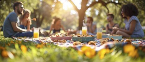 ai généré copains partage rire et biscuits sur une ensoleillé couverture dans le parc. une vibrant scène de joie, éclairé par ensoleillé éclairage, capturer le décontractée amusement de Extérieur jouissance. photo