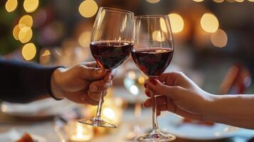 ai généré une couple grillage des lunettes de du vin dans une romantique restaurant, création une parfait moment de lien et l'amour sur la Saint-Valentin journée photo