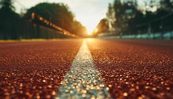 ai généré le stade départ ligne dans après midi lumière, une puissant symbole de des sports et santé, prêt pour les athlètes dans Piste et champ événements, parfait pour des sports La publicité photo